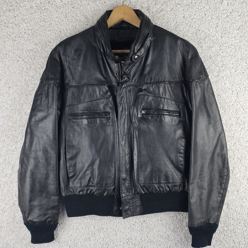 Vintage Hill & Archer Black Leather Bomber Moto Jacket Zip Out Sherpa Line Sz 44